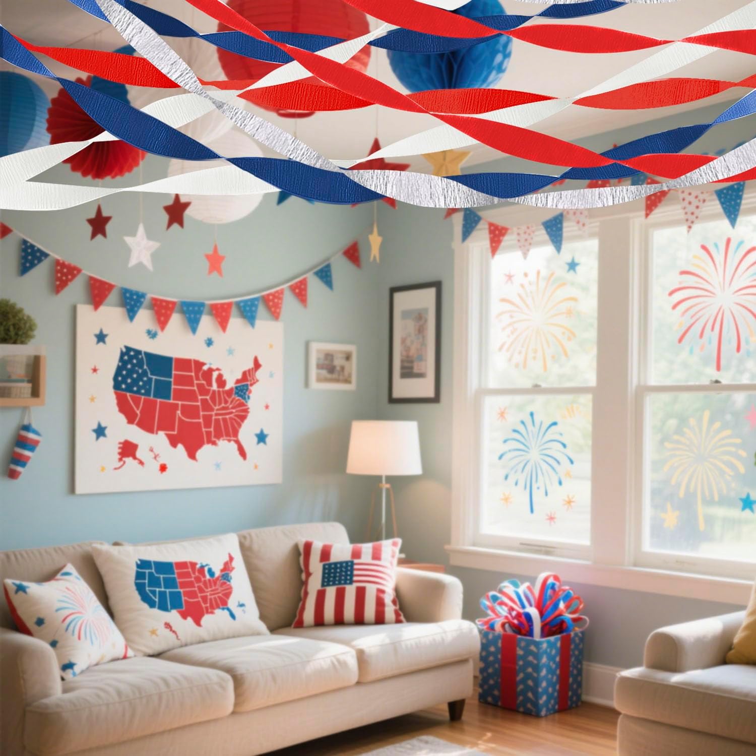 FUGUIR 4 Rolls Patriotic Crepe Paper Streamers Red White Blue Silver Craft Party Streamers Garland Hanging Backdrop Decorations for 4th of July Independence Day (1.77 Inch x 82 Ft/Roll)
