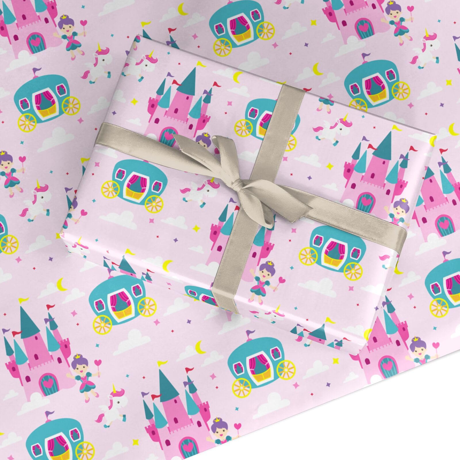 Princess Wrapping Paper – Pink Castle, Unicorn & Carriage Design – For Girls Birthday, Christmas & Parties – Fairy Tale Theme Gift Wrap – Recyclable by Dyefor - 2 Sheets (50 x 70cm)
