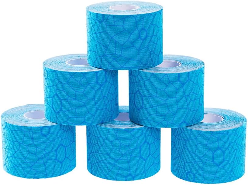 TheraBand Kinesiology Tape, Waterproof Physio Tape for Pain Relief, Muscle & Joint Support, Standard Roll with XactStretch Application Indicators, 2" X 16.4" Roll, 6 Pack, Blue/Blue