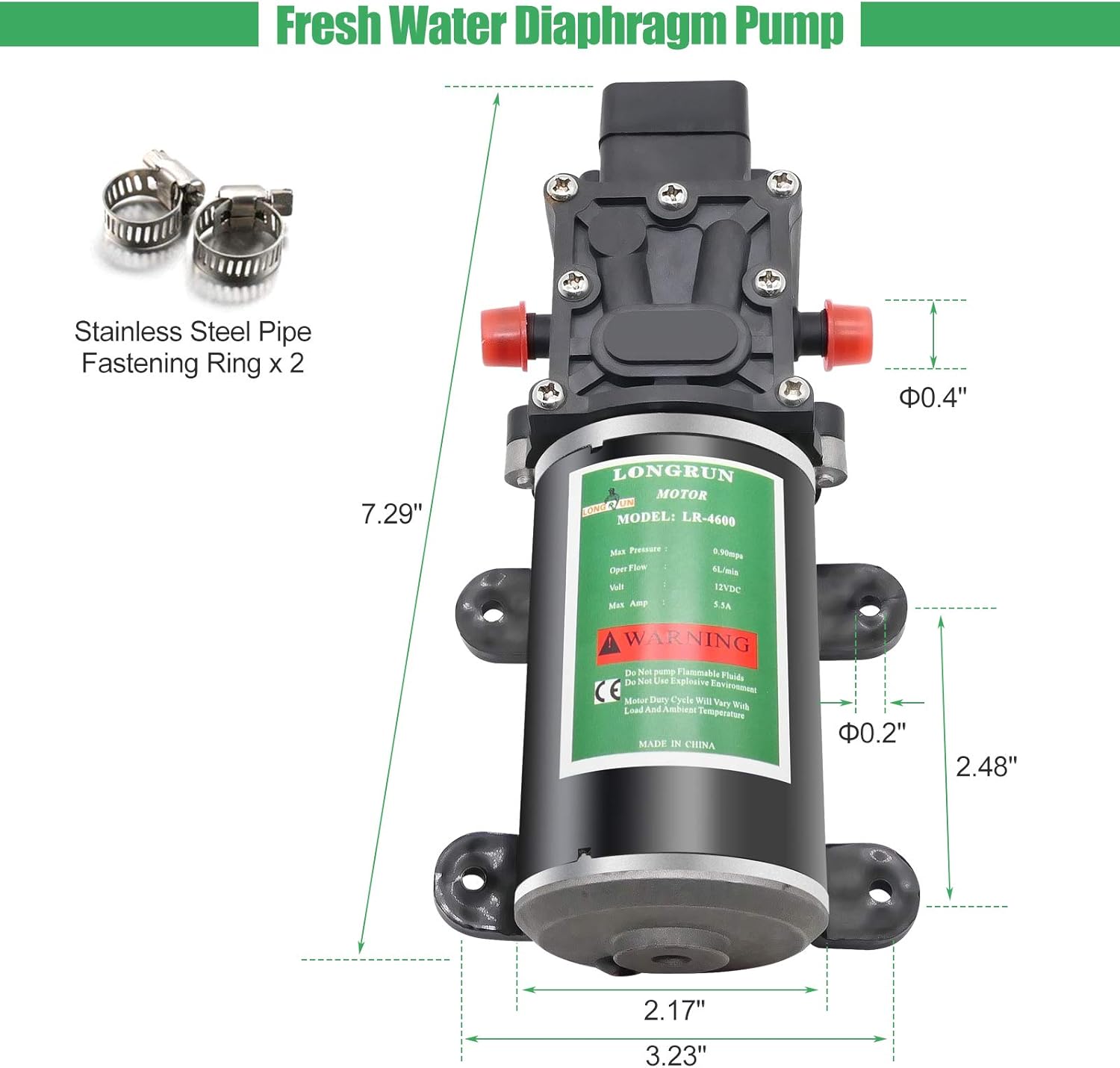 LONGRUN Fresh Water Pump 12V DC Diaphragm Pump with Adjustable Pressure Switch 6L/Min 1.56GPM Self Priming Sprayer Pump with 2 Hose Clamps 100PSI Agriculture Pump for RV Camper Marine Boat Garden Lawn