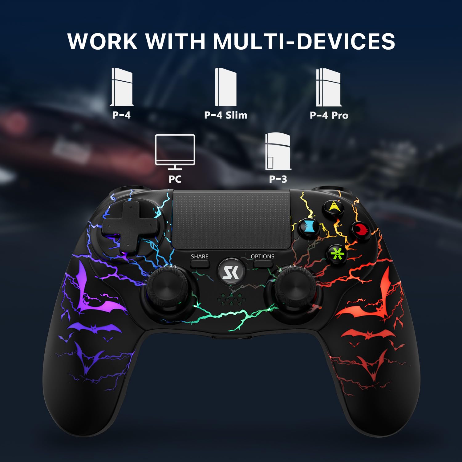 CHENGDAO CHENGDU Manette PS4 Sans Fil, Manette de Jeu pour PlayStation 4/Pro/Slim avec Éclairage RVB Réglable, Batterie 1000mAh, Capteur de Mouvement 6-Axes, Double Vibration, Jack Audio 3.5mm