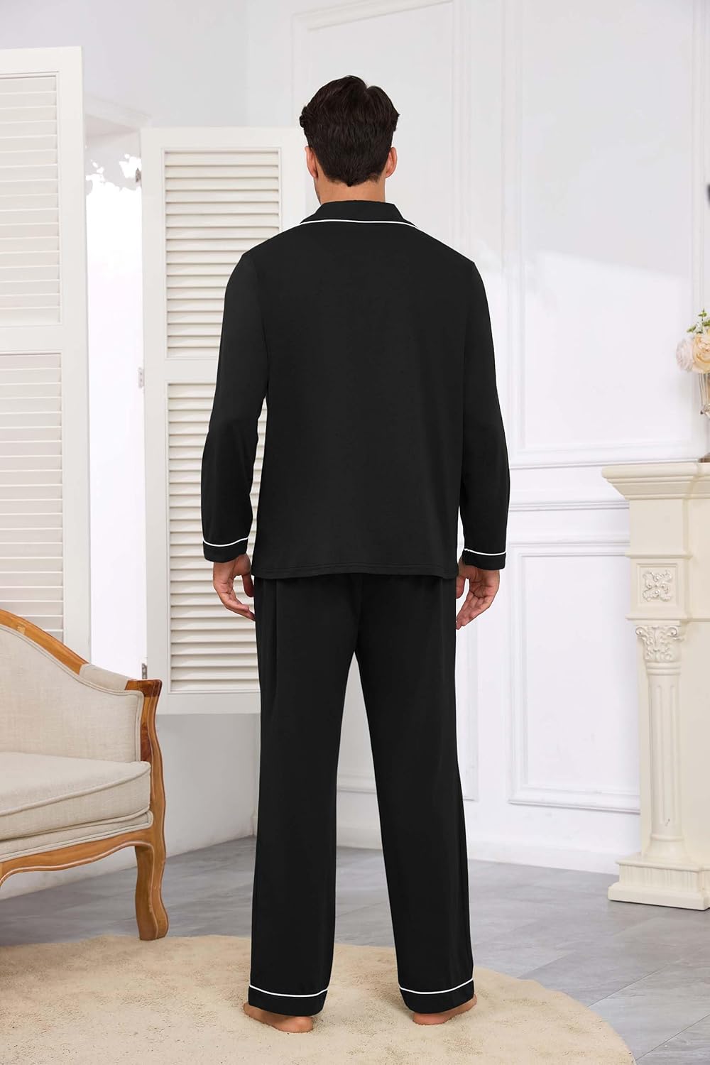 Veseacky Mens 100% Cotton Pajamas Set Long Sleeve Sleepwear Button Down Pjs Loungewear with Pockets - Image 4