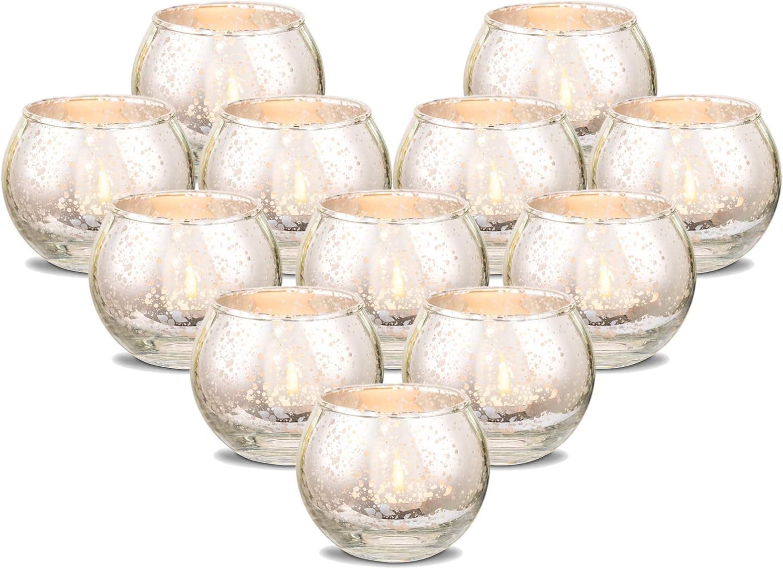 Romadedi Votive Candle Holder Silver- Set of 12 Round Tealight Holders Bulk Glass Mercury Table Centerpiece for Tea Light Floating Candles Wedding Party Decoration Christmas Home Decor