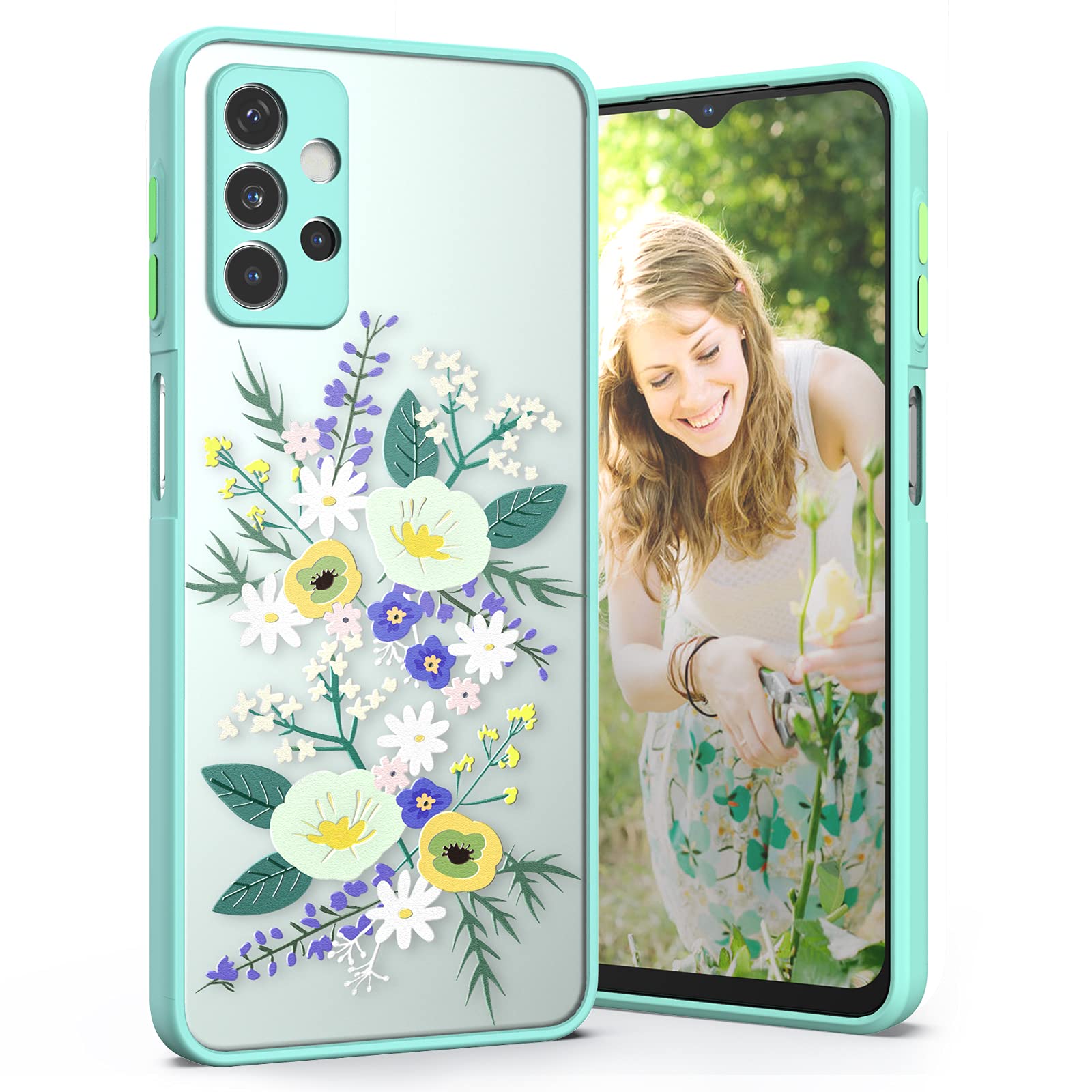 Dretal for Samsung A72 5G Case, Galaxy A72 5G Case, 3D Flowers Pattern Slim Translucent Matte Hard PC Back & Soft Silicone TPU Protective Cover for Girls Woman (QF-Blue)