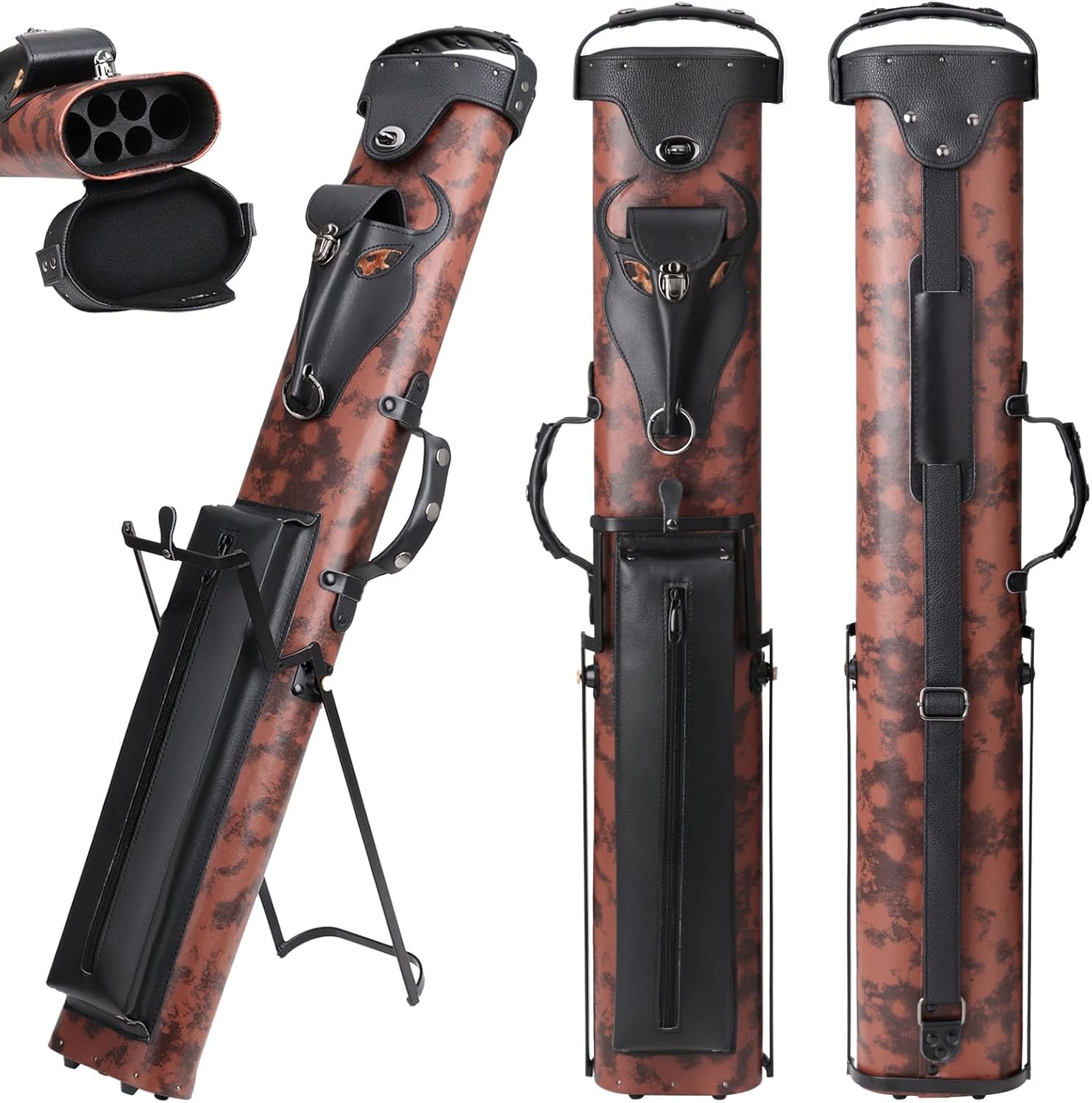 2x4 Hard Pool Cue Case with Stand 6-Hole Pool Stick Case for Cue Sticks Premium Billiards Cue Case with 3 Pocket, Holds 2 Cue Butt and 4 Cue Shaft