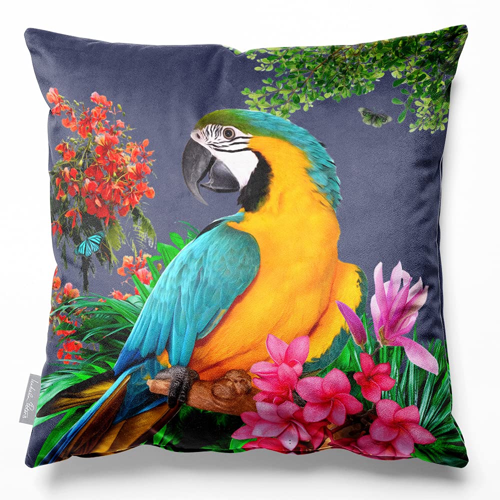 Izabela Peters Princely Parrot - Graphite Cushions With Covers Included, Filled Cushion, Eco-Friendly Velvet Cushions, 50 Cm, Chair Cushions, Sofa Cushions, Seat Cushions