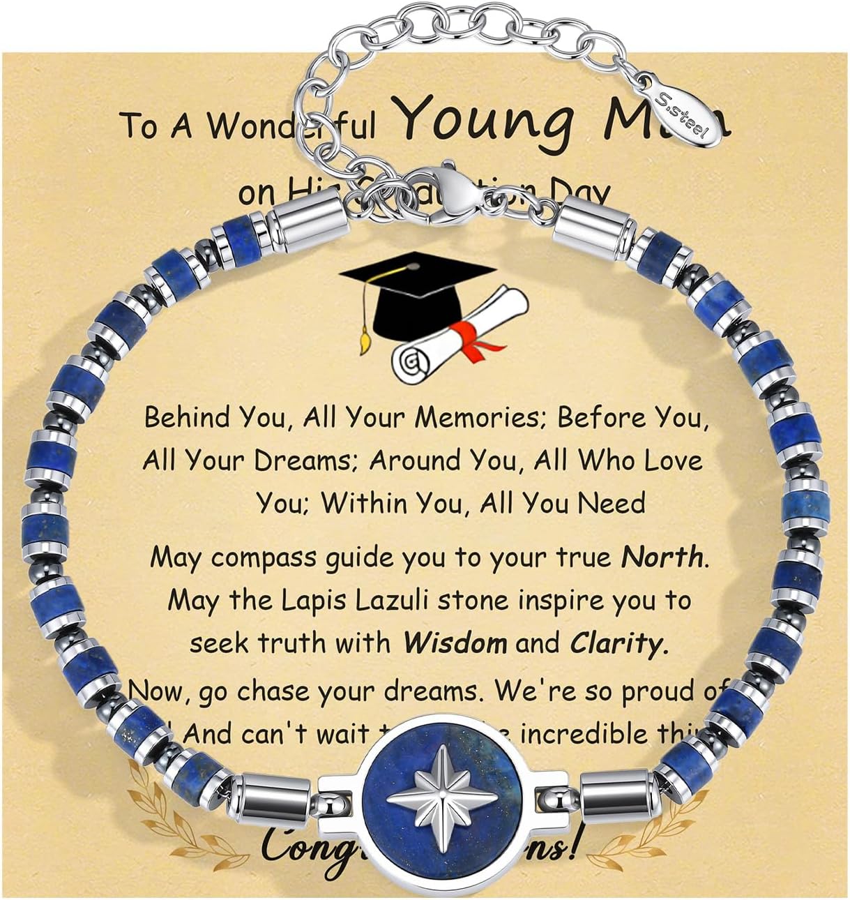 Graduation Gifts For Men Him-Inspirational Class of 2026 Graduate Bracelets,Adjustable Compass Bead Bracelet with Natural Stone,High School College Grads Gift for Son,Grandson,Boyfriend,Brother,Nephew