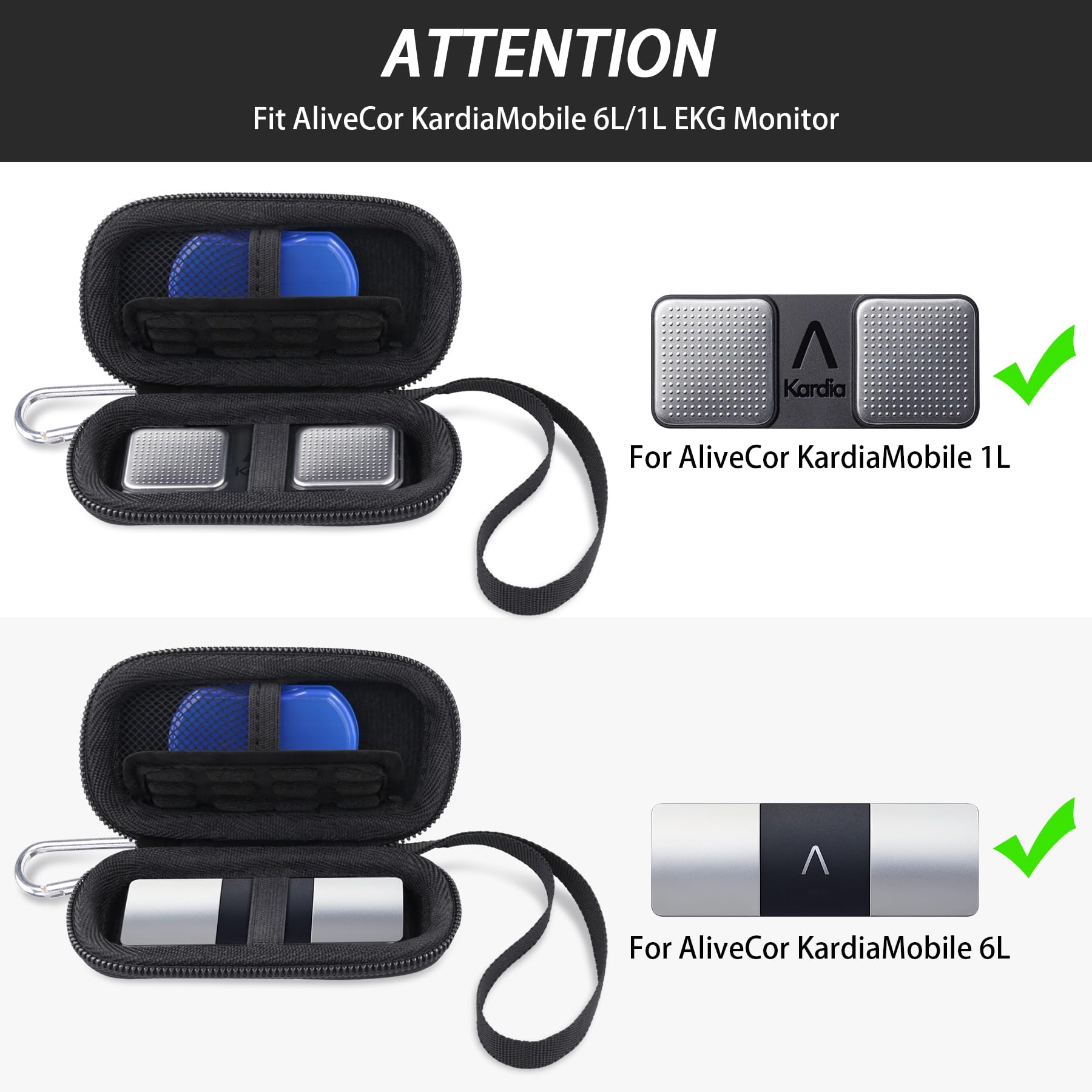 Khanka Estuche rígido para monitor cardíaco de ECG KardiaMobile 6L/1L,funda compatible con el monitor cardíaco personal Kardia de 6/1 derivación con mosquetón y cordón (no incluye pastillero ni ECG)