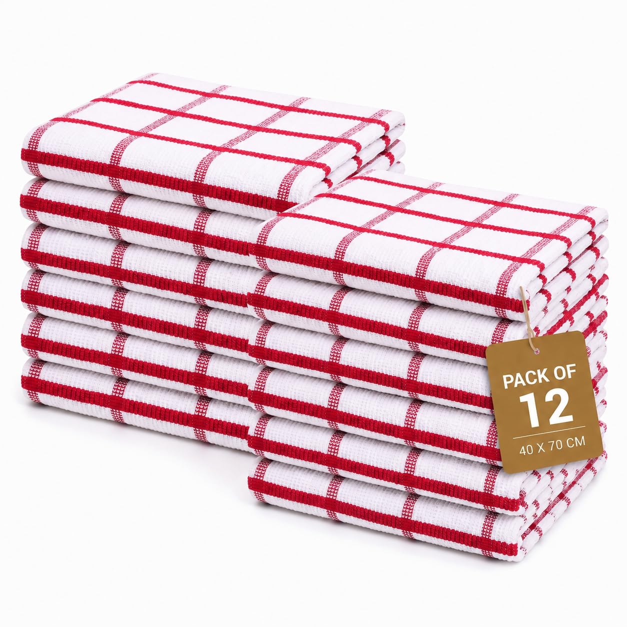 Gift Hub Kitchen Tea Towels Set, 100% Cotton Terry Cleaning Cloths | Highly Absorbent Big Check Towels for Drying Dishes & Glassware, Home Essentials | 40 x 70 cm, Red - Pack of 12