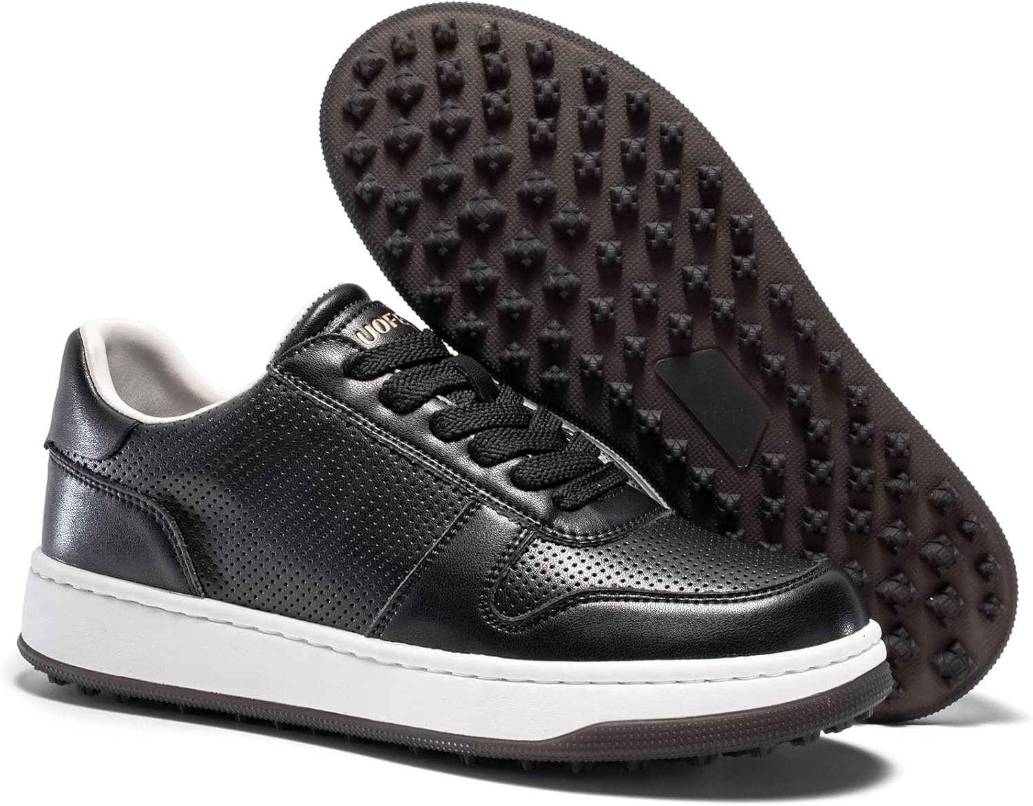 UOFEIY Men's Golf Shoes Spikeless, Water-Resistant Leather Upper, Comfortable Walking Cushion, Rubber Traction Outsole, Breathable Perforated Design, Golf Sneakers