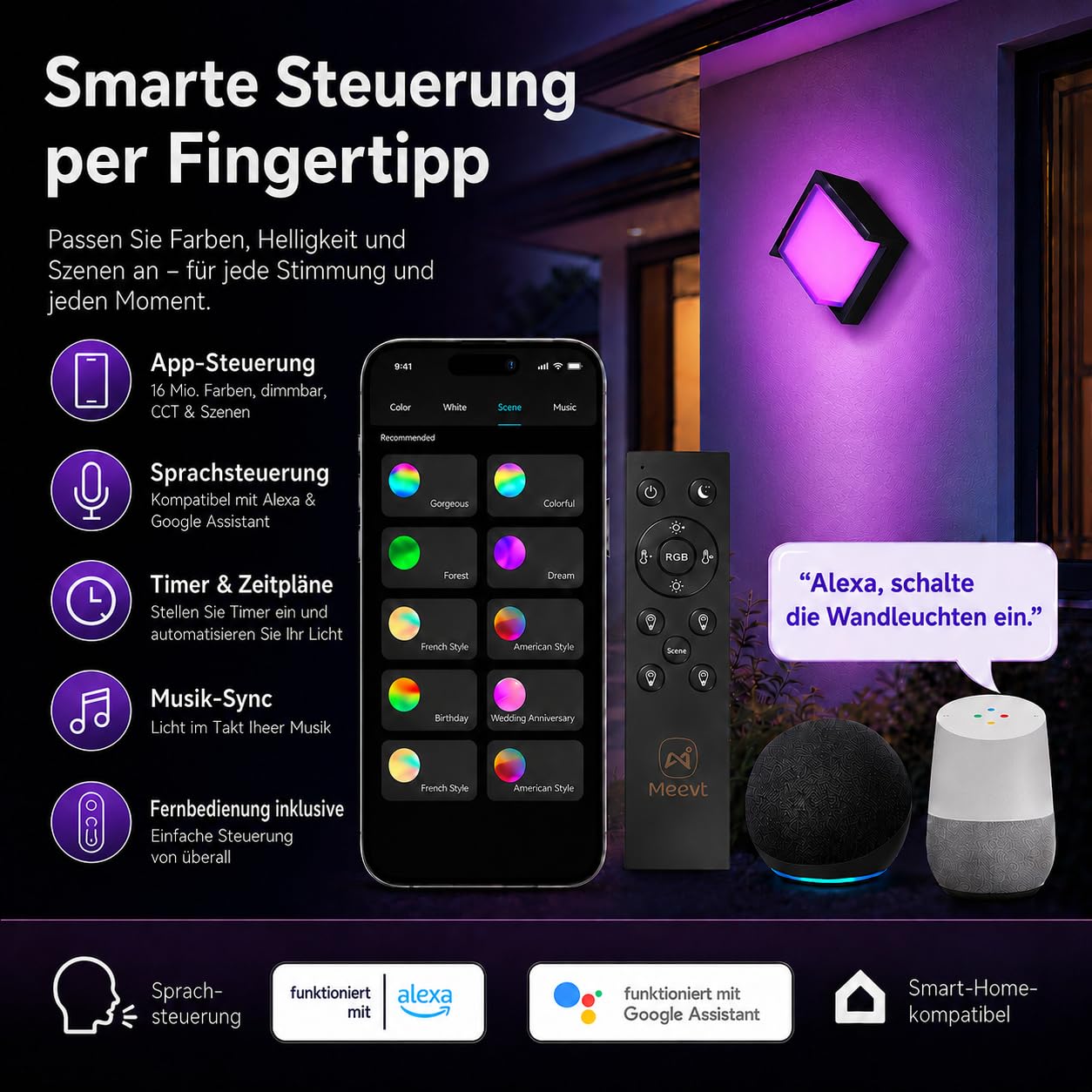 Meevt Aussenlampe Wand Square, RGBCW LED Wandleuchte, Wandlampe 2 Stück | 1200LM, IP65 Wasserdicht, Kompatibel mit Alexa/Google Assistant, Bedienbar per App und Fernbedienung, für Drinnen/Draußen