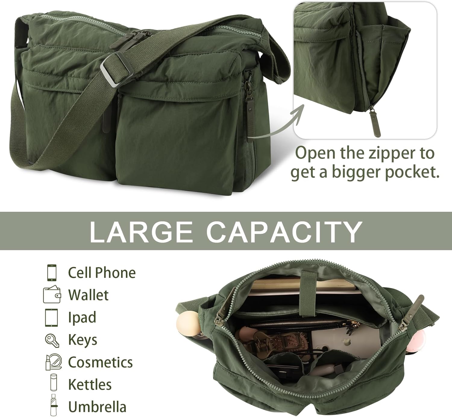 Nylon Crossbody Messenger Bag for School, Women Large Shoulder Bag Hobo Tote Bag Lightweight Computer Crossbody Bag - Image 6