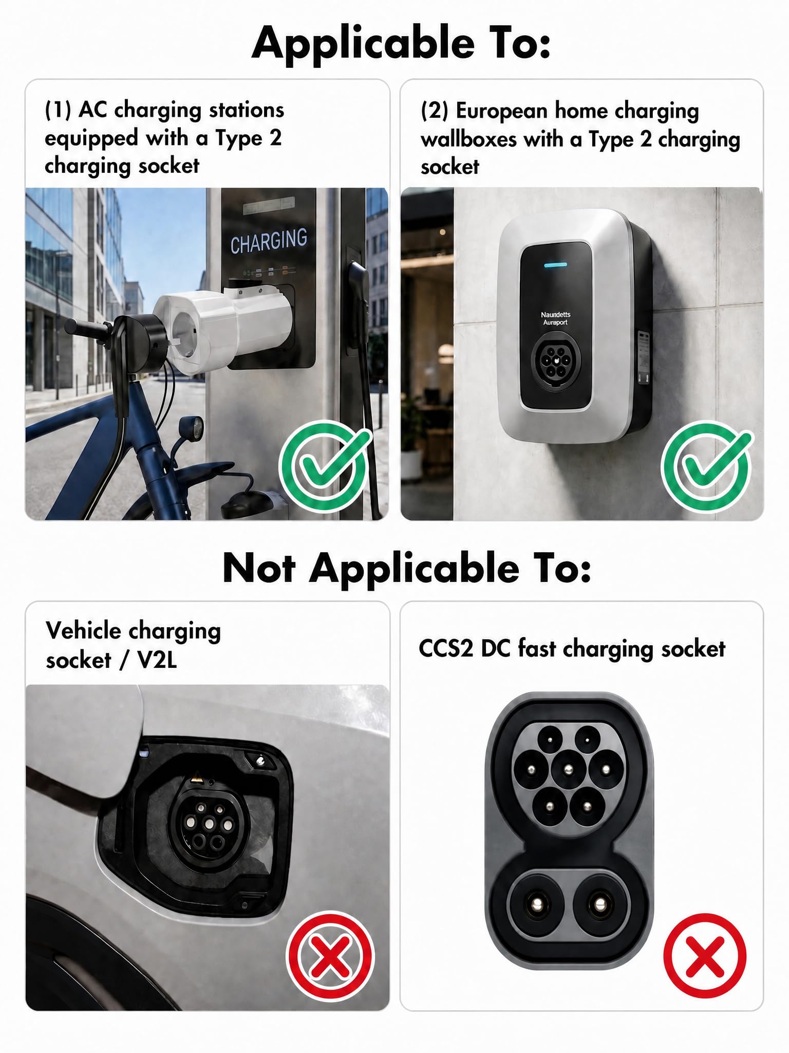 Erato Adaptador Tipo 2 a Schuko 220 V-250 V 16 A IEC-62196, No V2L | Adaptador de estación de Carga para Coche eléctrico Scooter Bicicleta Moto Bicicleta eléctrica, Blanco