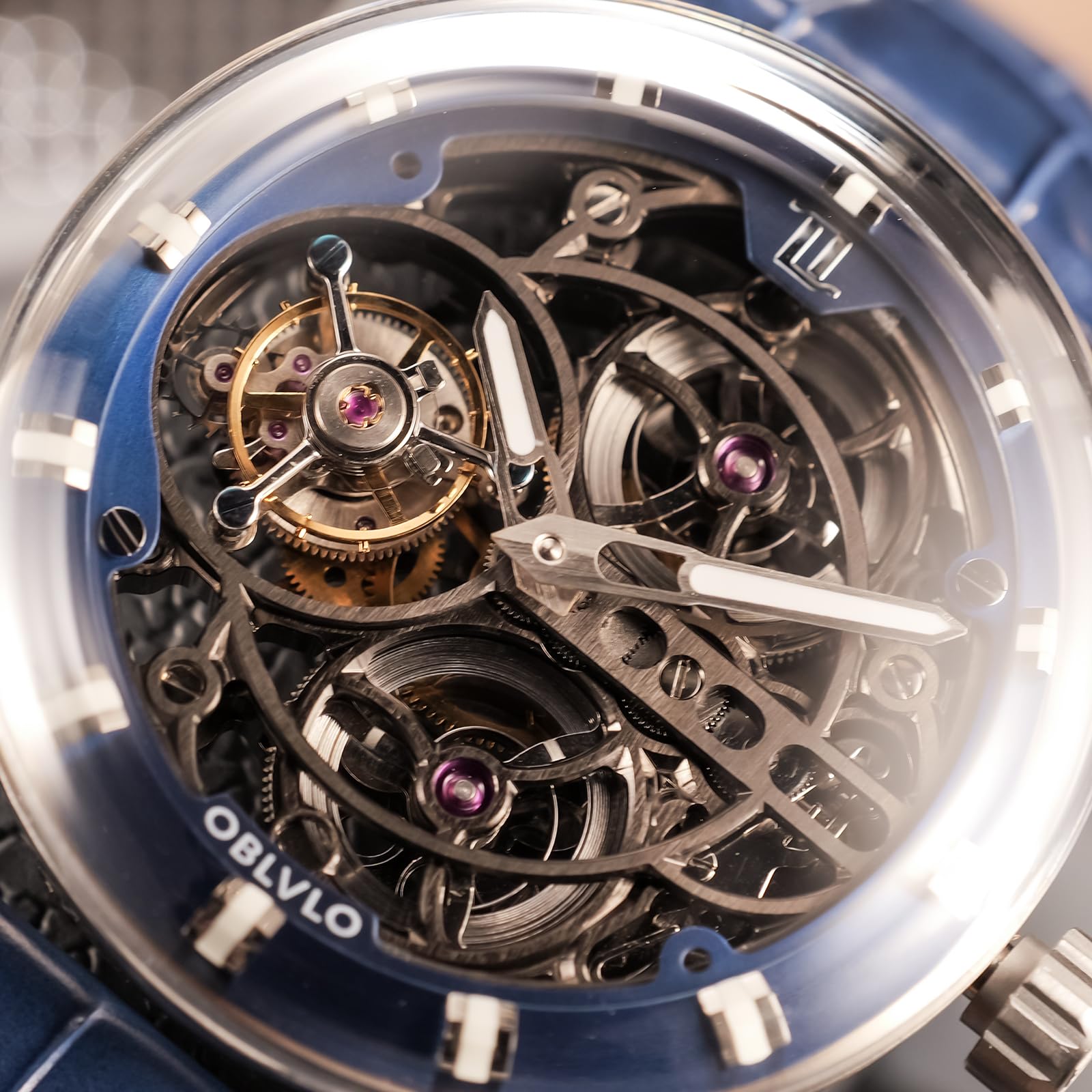OBLVLO Top-Marke, luxuriös, hohl, wasserdicht, mechanische Herrenuhr, echtes Leder, Saphirglas, Tourbillon, Handaufzug, IM-SK-B-TB