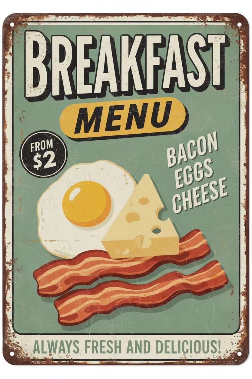Vintage Metal Tin Sign Breakfast Menu Metal Tin Sign Bacon Eggs Cheese Poster For Kitchen Bars Cafes 8X12 Inch Custom Private Property Signs Outdoor