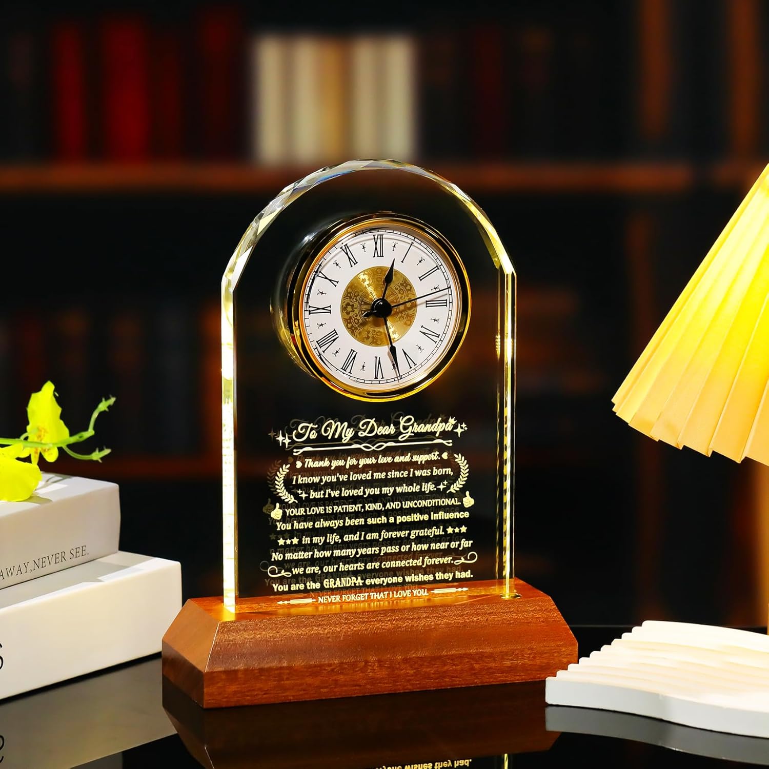 Gifts for Grandpa from Granddaughter Grandson Glass Clock Grandpa Birthday Gift with Wooden Light Base, Presents for Best Grandfather from Grandchild Christmas Keepsakes for Him Table Decor