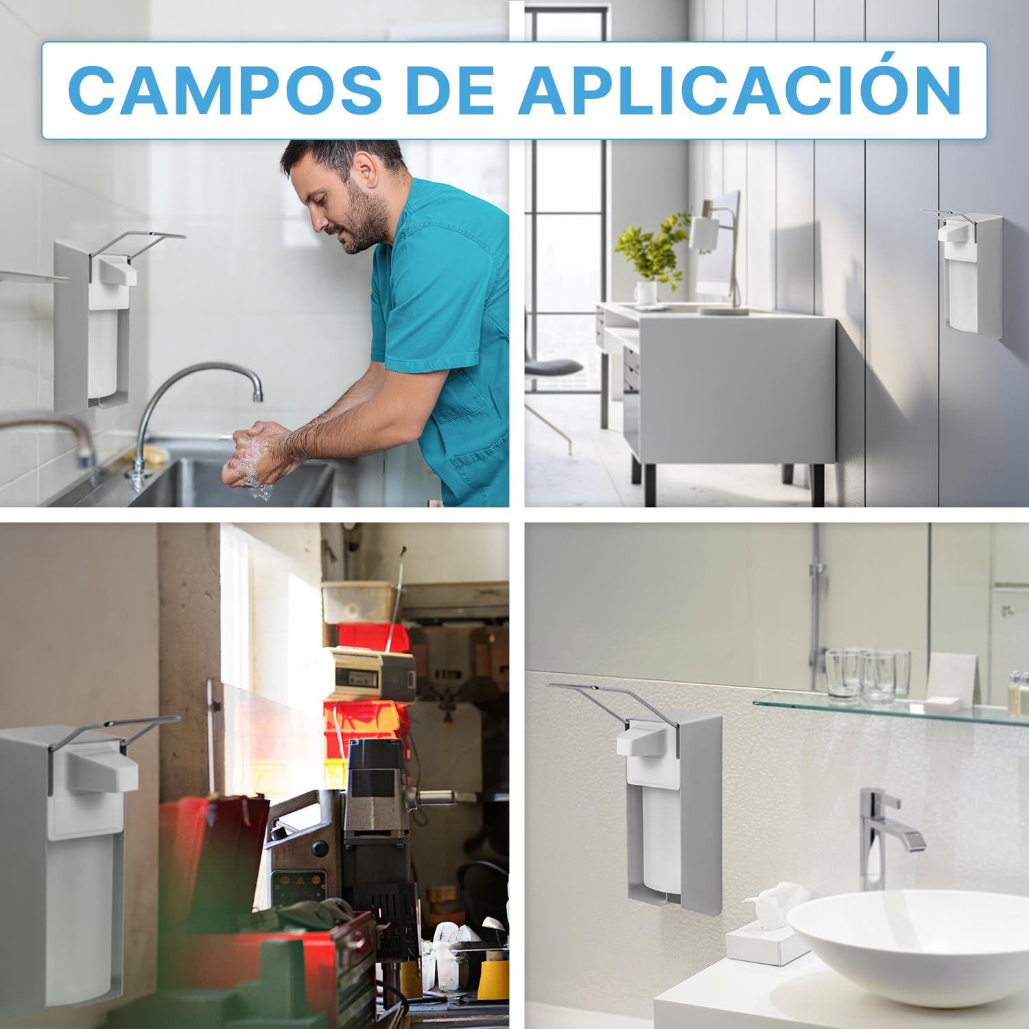 ARNOMED 2 dispensador de desinfectante con Bandeja Goteo, dispensador de jabón de Aluminio para 1000ml, dispensador de jabón para Montaje en Pared con Palanca Corta, eurodispensador de desinfectante