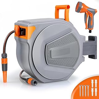 TLGREEN Schlauchtrommel Wasser 30m, Schlauchaufroller mit 9-Funktionen Handbrause und Gartenschlauch, Wand-Schlauchbox mit Aufroll-Automatik, 4 PCS Nägel, 180° Schwenkbar, für Garten, Autowäsche