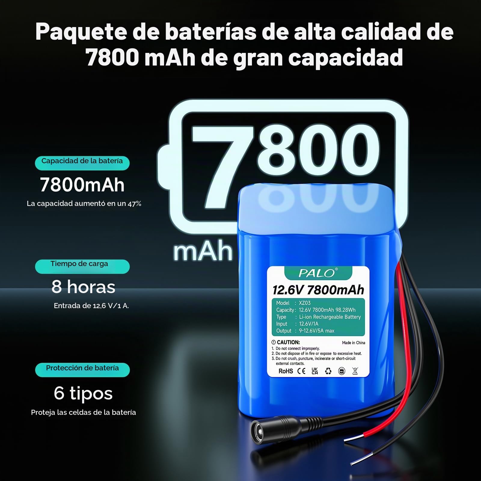 12.6V 7800mAh batería de Iones Litio con Cargador y línea de conexión y Adaptador Conector,para Panel Solar,videocámaras,videovigilancia,enrutador Inicio,Sistemas Alarma,lámpara Bricolaje