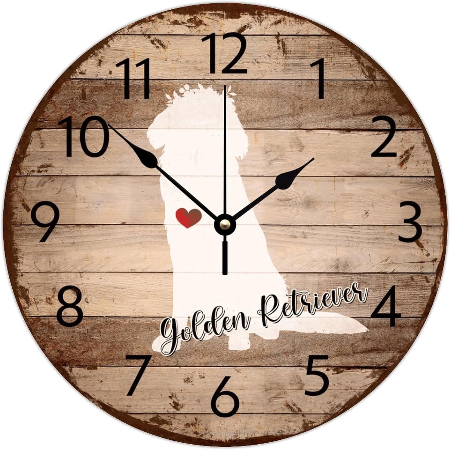 12'' Silent Non-Ticking Wall Clocks Battery Operated Golden Retriever Home Decoration for Office Animal Silhouette Puppy Dog Shaped Custom Round Wooden Wall Clock Country for Conference Room Entryway