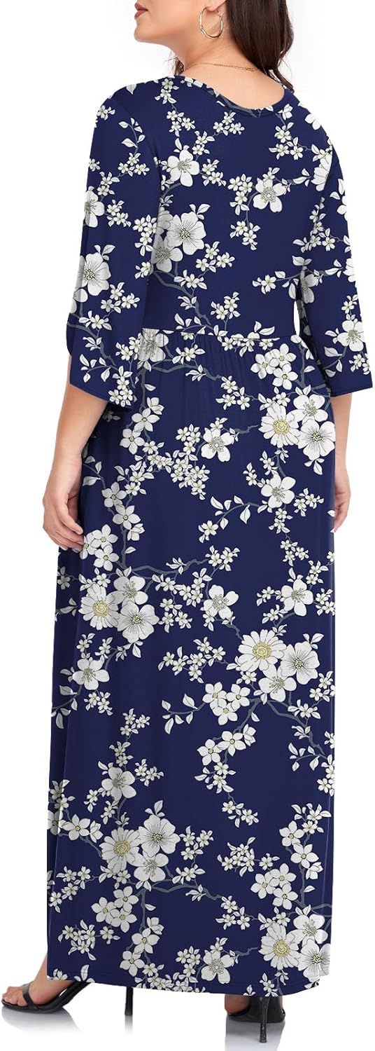 TAOHUADAO Women's Summer Plus Size Dresses Crewneck Ruffle 3/4 Sleeve Casual Maxi Dress - Image 3