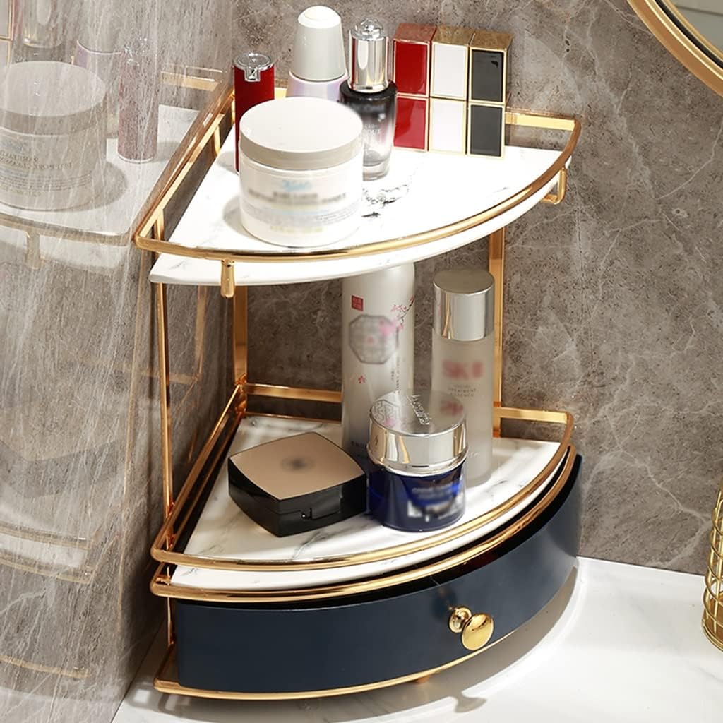 2-Layer Makeup Perfume Shelf, Cosmetic Organiser Storage Rack with Drawer, for Dresser, Countertop, Bathroom, Removable Ceramic Plate(White C 31 * 22cm) image 4