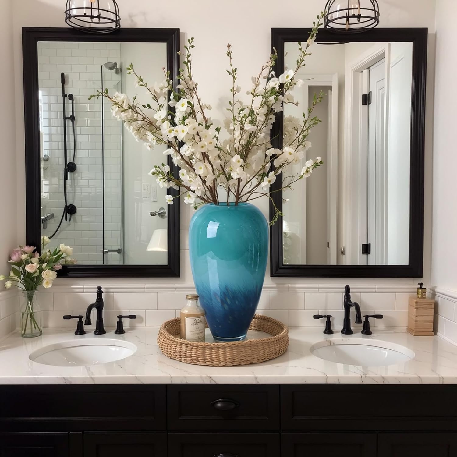 Teal Glass Vase – 11" Hand Blown Glass Vase for Teal Home Decor Accents, Wide Mouth Turquoise Vases Home Decor for Centerpieces, Dining Table, Bookshelf, Bathroom or Living Room Display