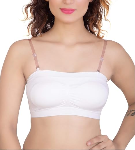 GLAMORAS Women’s Nylon Spandex Padded Tube Bra Wire Free Seamless Strapless Multi-Way with Back Hook Closure and Removable...