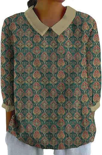 Boho Tops for Women 2025 3/4 Sleeve Vintage Floral Printed Lapel Doll Collar Tshirt Casual Loose Fit Trendy Tops