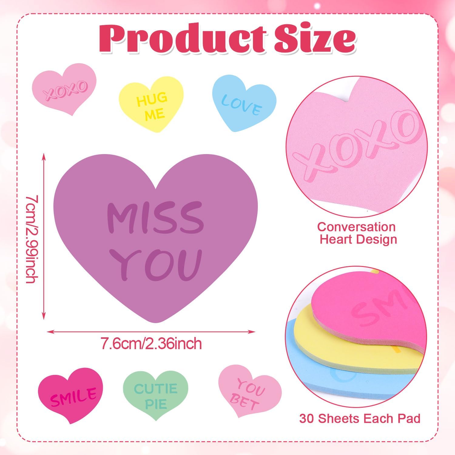 CCINEE 24pcs Valentines Day Heart Sticky Notes Bulk, Heart Shape Converation Notepads for Kids Adult Office School Valentines Day Party Favor Coworker Gift 720 Sheets - Image 2