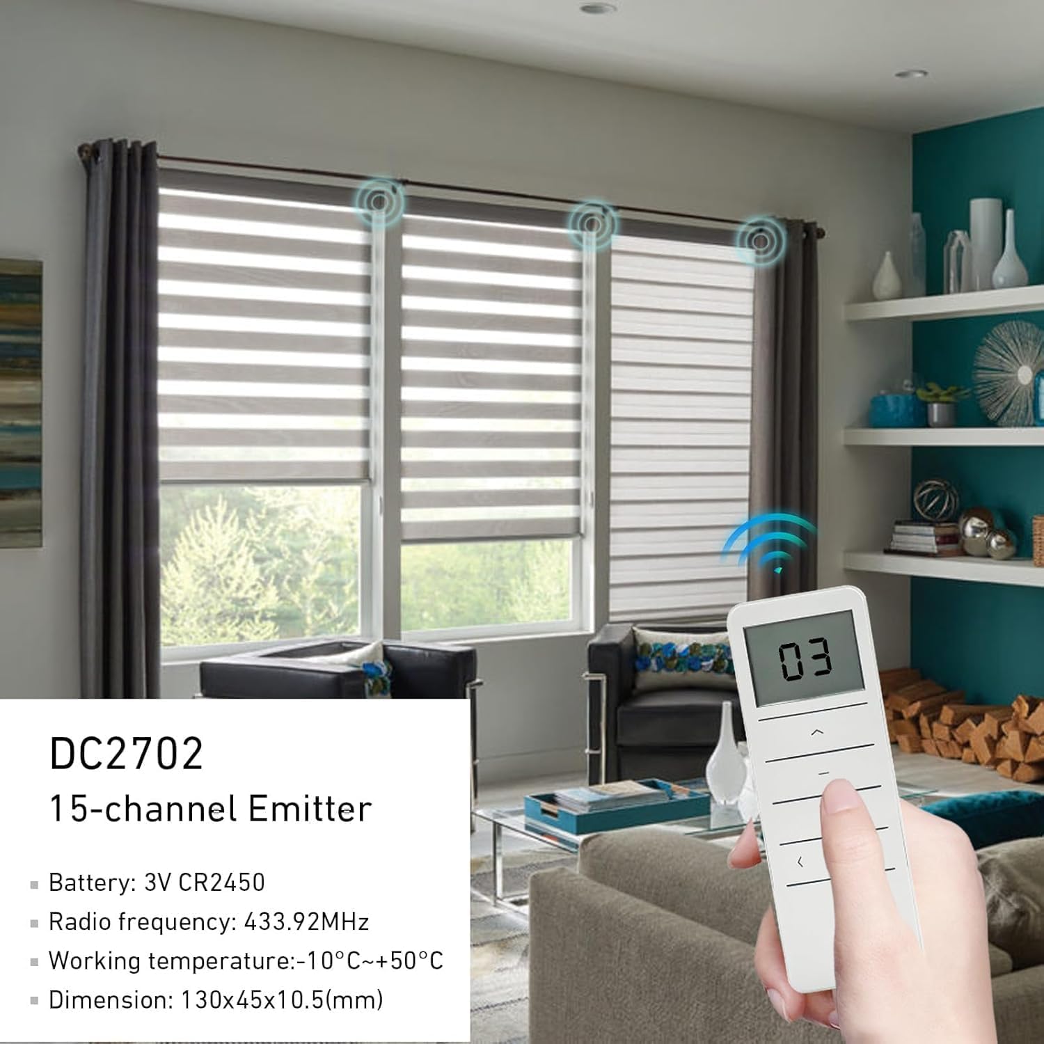 DC2702 remote in use with specifications overlay