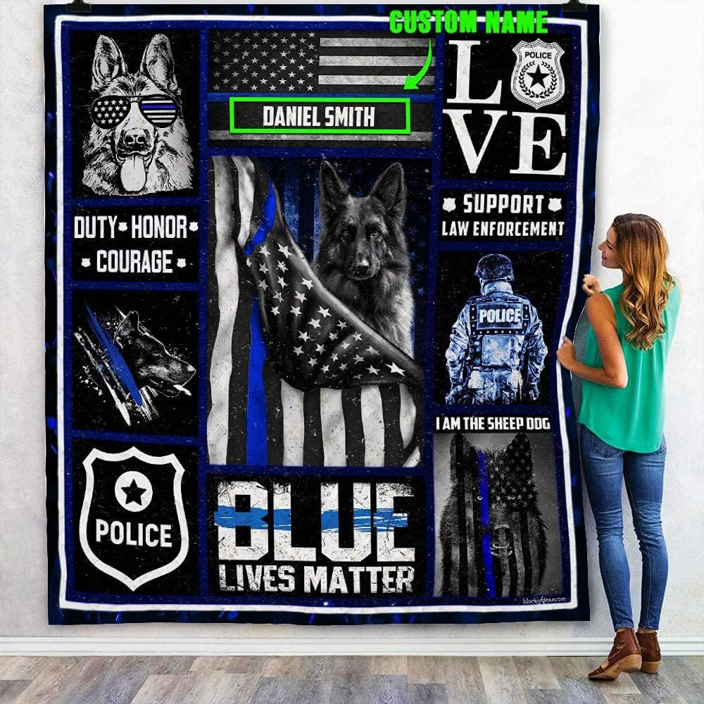 Personalized Police Blanket Thin Blue Line, Customized Police Blankets Gift for Dad, Husband on Christmas Father's Day, Birthday, Fuzzy Plush Soft Micro Fleece Sherpa Blanket Bed Throw BL05