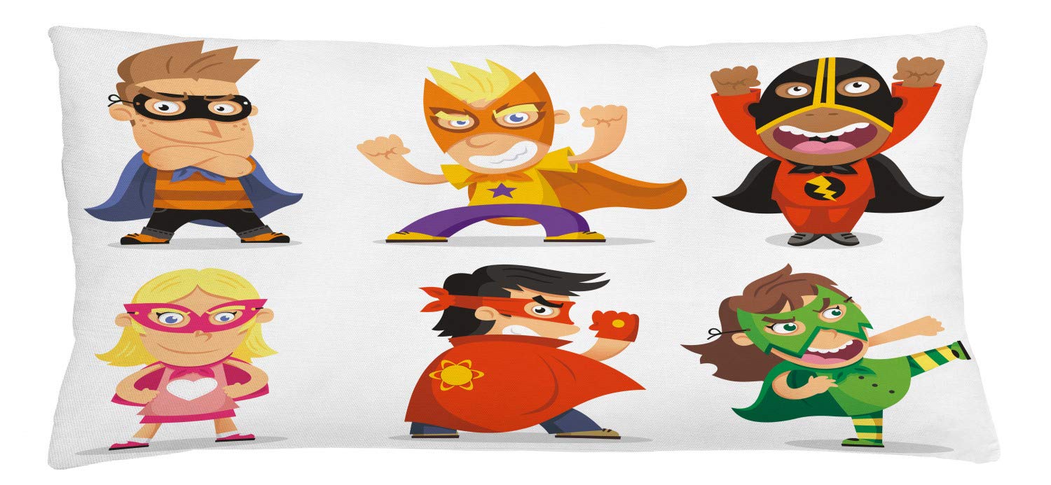 Lunarable Superhero Throw Pillow Cushion Cover, Dressed as Superheroes Funny Cartoon Illustration, Decorative Square Accent Pillow Case, 36