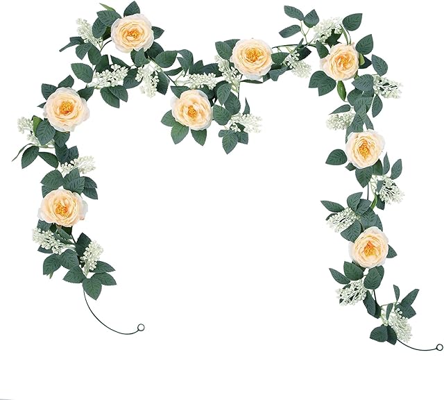Champagne Rose Garland Flower Garlands Fake Vine Garlands Faux Artificial Flowers Plants for Christmas Wedding Hotel Home Party Garden Craft Art Decor