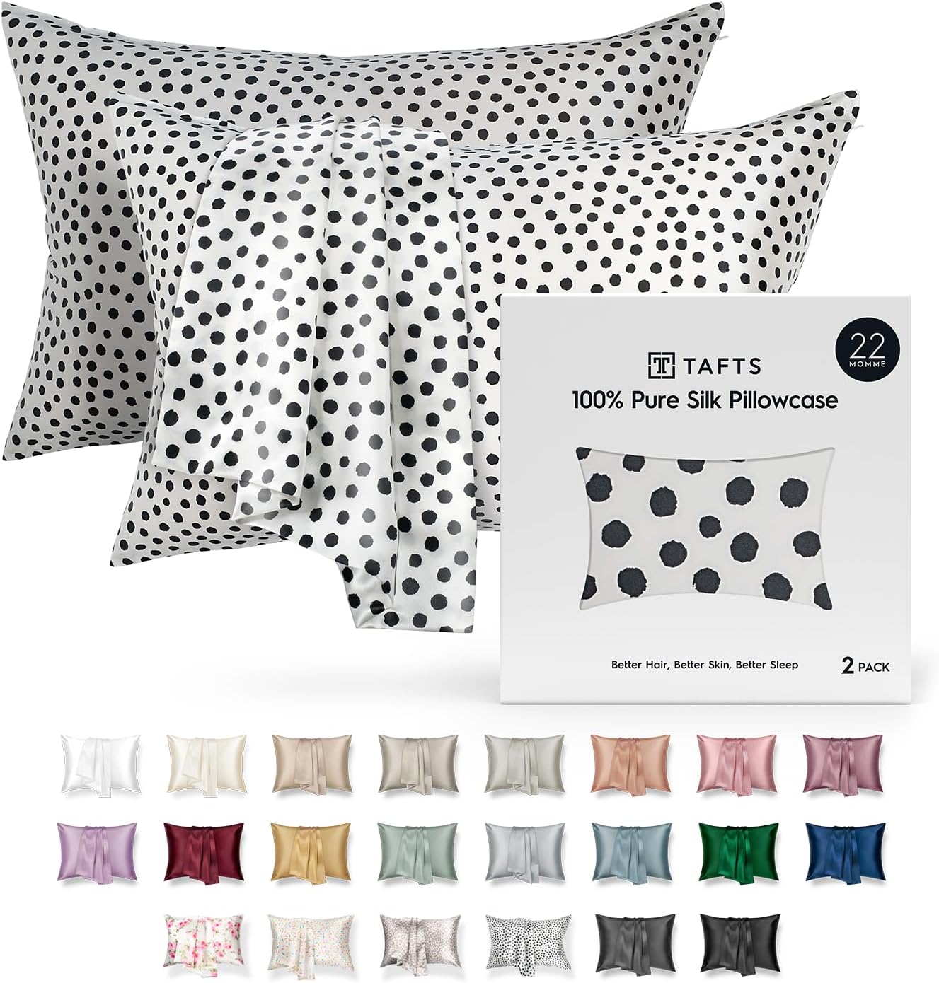 Tafts Silk Pillow Cases - 22mm 100% Pure Mulberry 6A Silk Pillowcase for Hair & Skin with Zipper Closure, Cooling, Natural, Organic, Double Sided Silk Pillow Case (Spot, King 20"x36", 2pc)