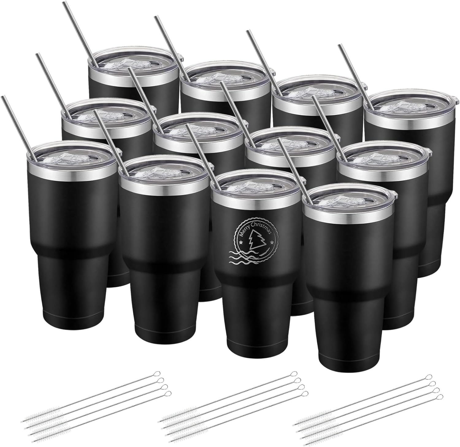 YOUKE OLA 12 Pack Insulated Tumbler Powder Coated Stainless Steel Double Wall Vacuum Travel Coffee Tumbler Cup with Lid and Straw for Laser Engrave DIY Gift 30oz Black