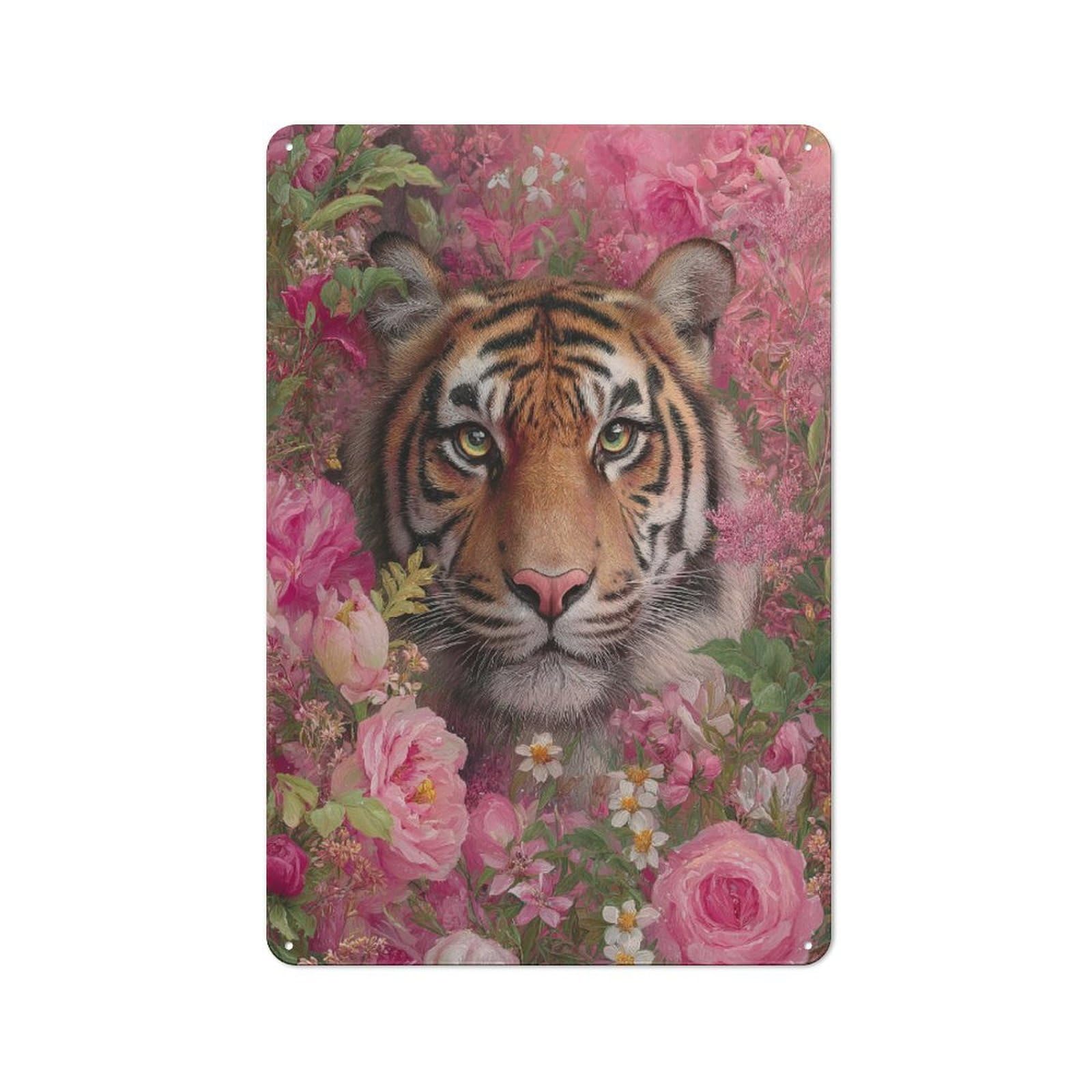 Tiger Amidst Blooming Flowers Cottage Style Metal Wall Decor 30x20cm, Farmhouse Metal Sign for Farmhouse Kitchen, Pantry Or Dining Area