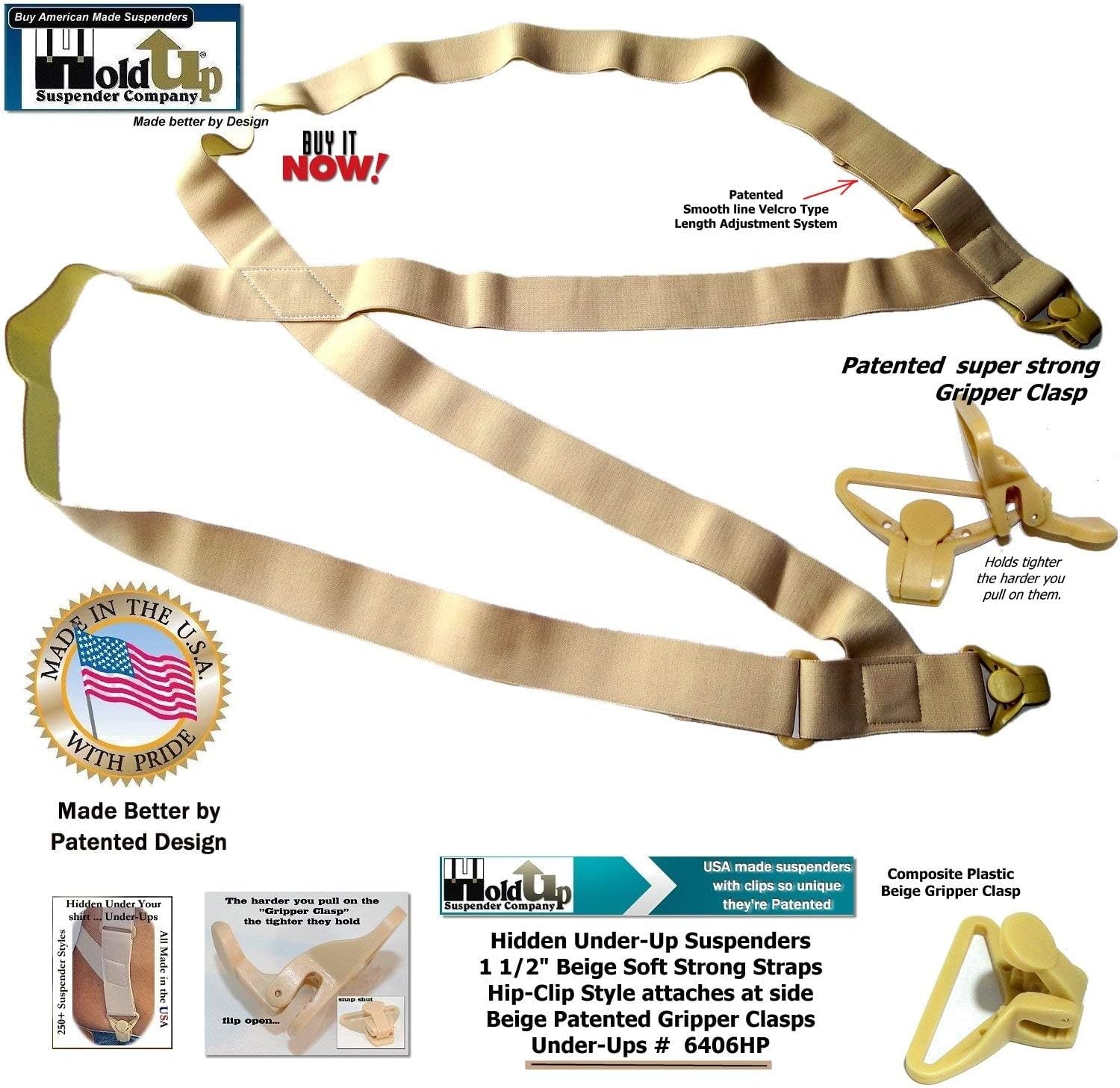 Holdup Hip-Clip Style Under-Ups Suspenders for Men with the Patented Composite Plastic Gripper Clasps or No-slip metal clips - Image 6