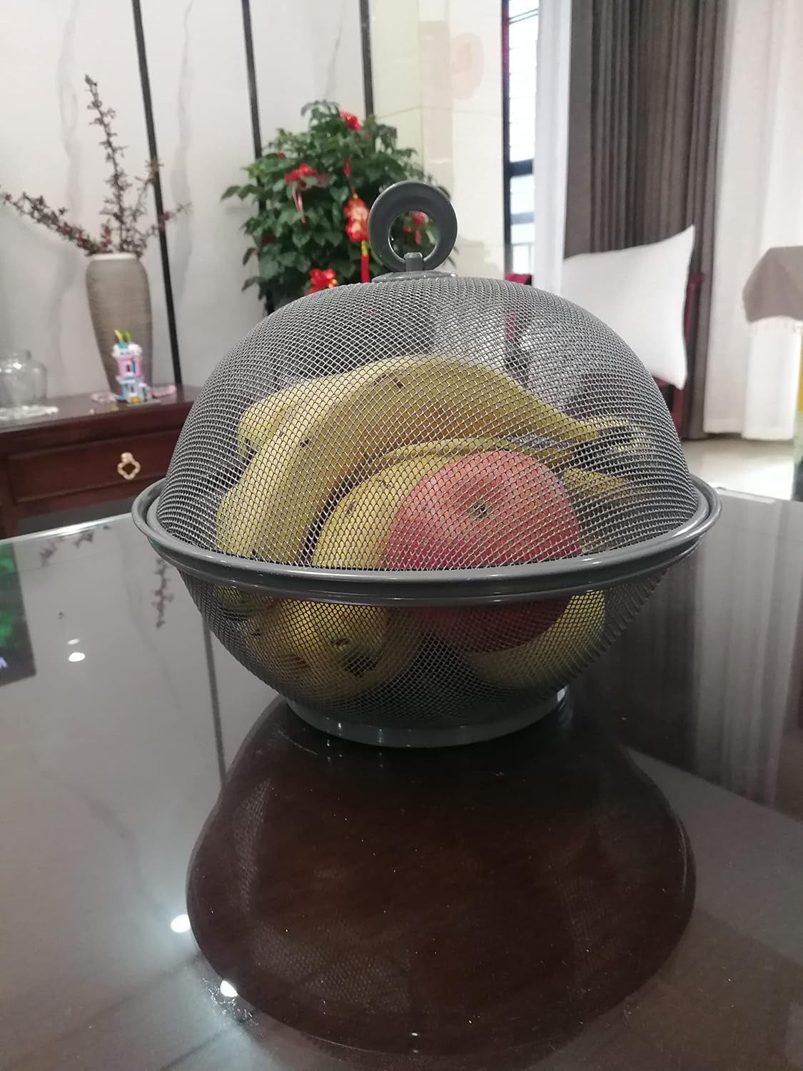 Fruttiera con Coperchio,Portafrutta in Metallo con Rete Traspirante per snack，cesto di frutta con coperchio in rete cesto di frutta con coperchio per ornamenti da cucina P27xL27xH24 cm (grigio)