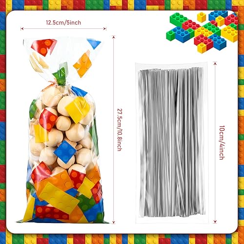 Miniatura 2 de 100 bolsas de celofán con bloques de construcción, suministros para fiesta de cumpleaños, bolsas de dulces con 100 lazos plateados para recuerdos de