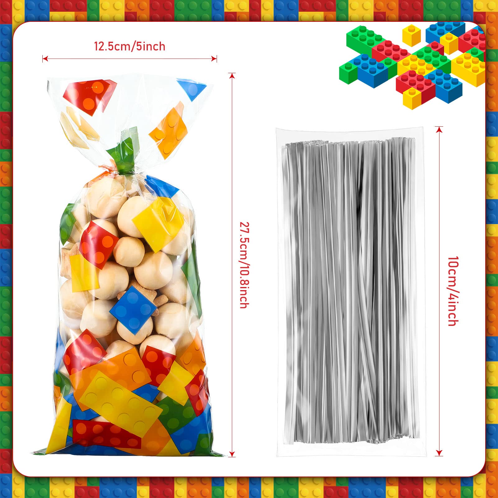 100 Pcs Building Block Cellophane Treat Bags, Birthday Party Supplies Candy Goodie Bags with 100 Silver Twist Ties for Summer Themed Party Favors(Clear Background)