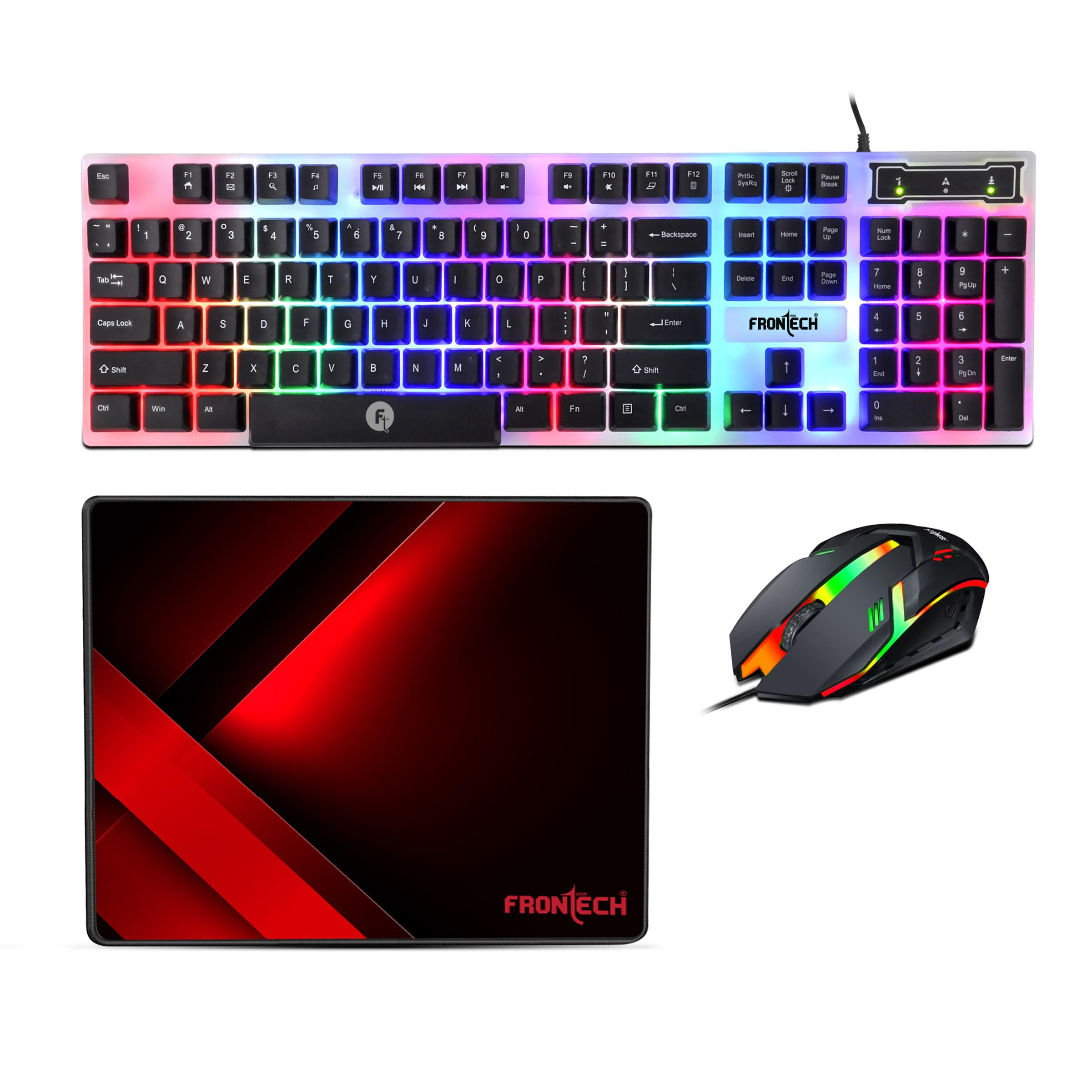 Frontech Neo Ranger 3-in-1 Gaming Combo – RGB LED Backlit 104-Key Keyboard, 1200 DPI Optical Mouse & Anti-Skid Mouse Pad – USB Wired (KB-0040PC)