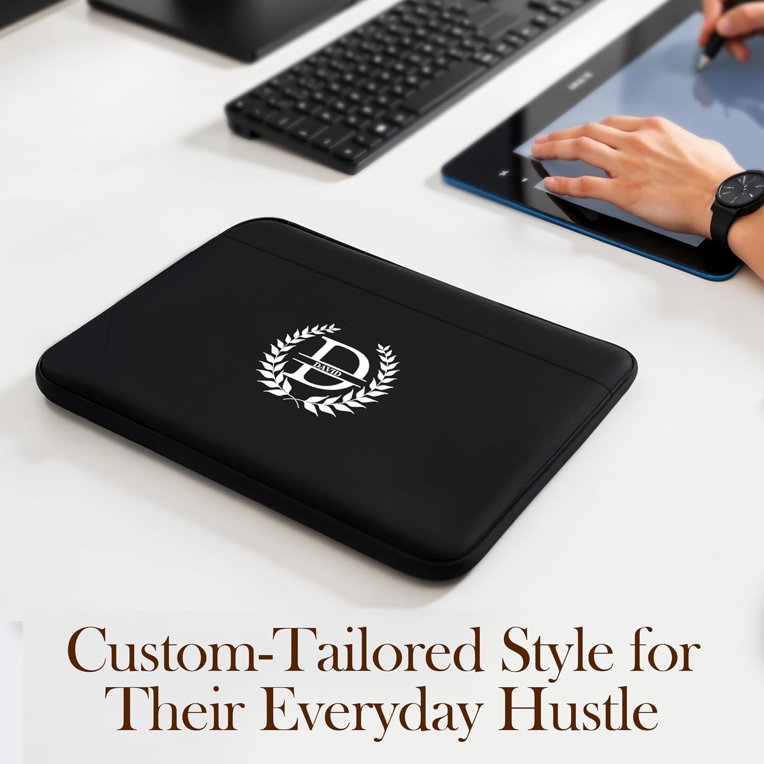 Personalized Laptop Sleeve with Custom Name and Initial, Lightweight Slim Padded Case with Zipper for School Travel Office, Protective Computer Cover for Daily Use- 15.6'', Cyan