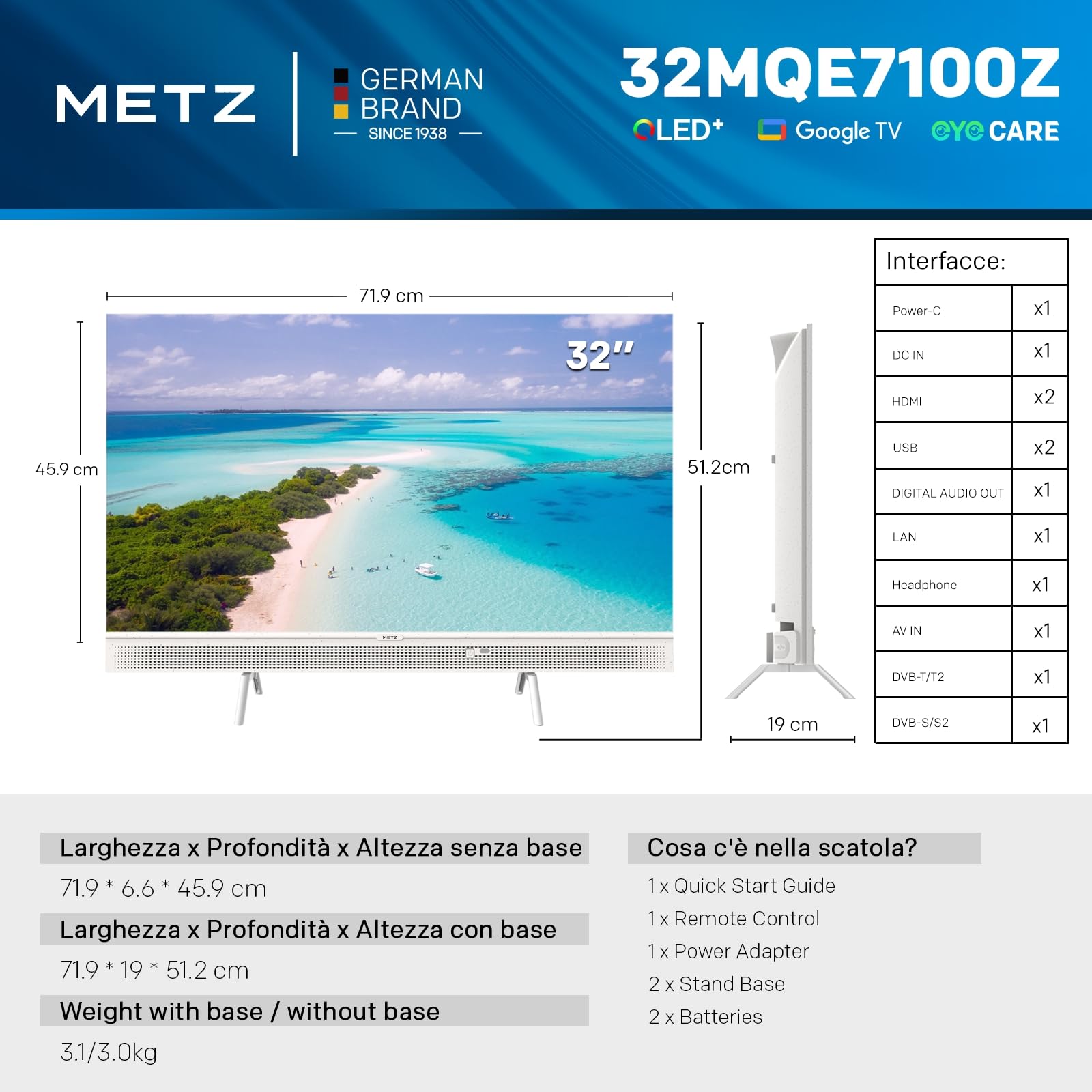 Metz 32 Pollici Smart TV, 32MQE7100Z Televisione Portatile, QLED, Power-C (Compatibile con Power Bank), HDR10, dbx-TV, Dolby Audio, Chromecast, Controllo Vocale,Tuner DVB-T/T2/C/S/S2/Analogico