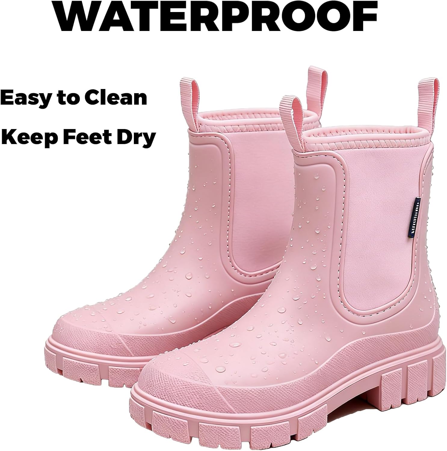 Womens Rain Boots, Waterproof Chelsea Rubber Rainboots Fashion Short Ankle Garden Shoes for Ladies, Non Slip Lightweight Outdoor Work Booties with Comfort Lining