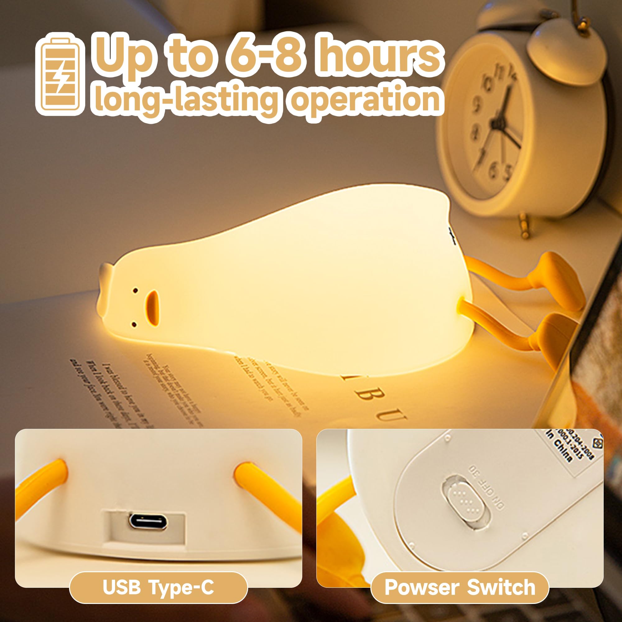 Luce notturna a forma di anatra piatta, lampada a LED a forma di anatra, simpatica anatra illuminata, luce notturna dimmerabile in silicone, lampada da comodino ricaricabile per allattamento