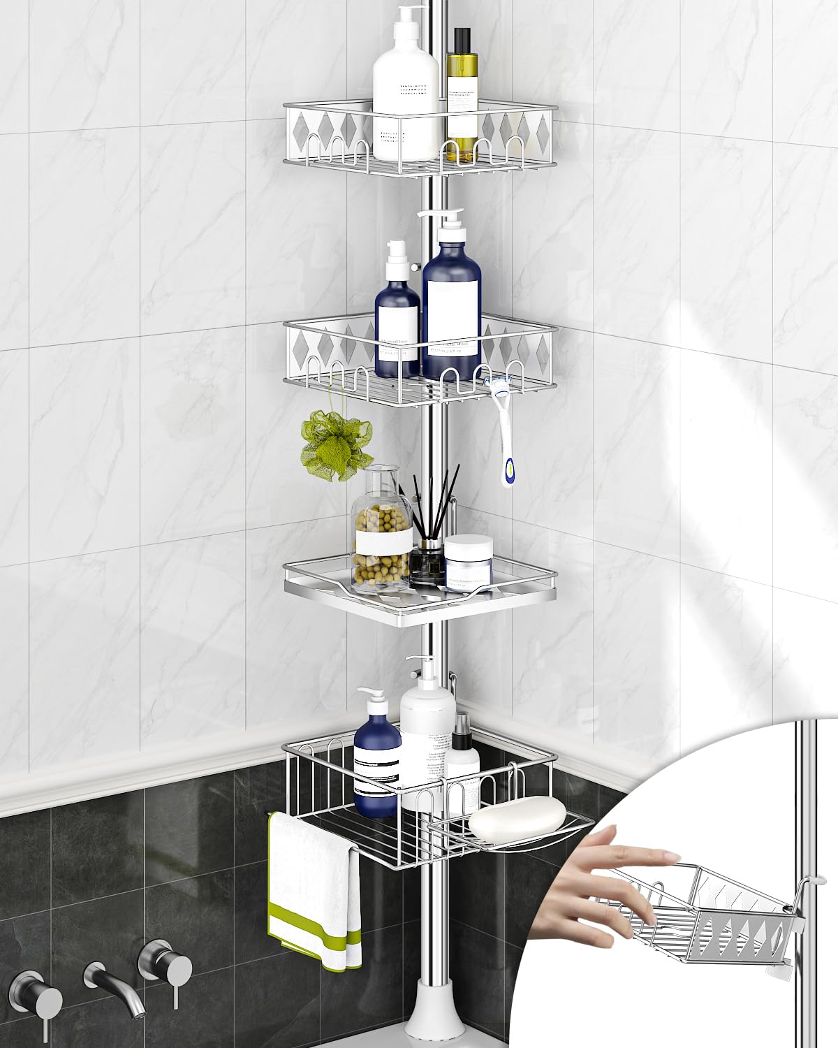 SElRIONE Corner Shower Caddy Tension Pole Quick Setup Rust-Free Bathroom Shower Organizer Corner for Bathtub Shampoo Storage 4-Tier