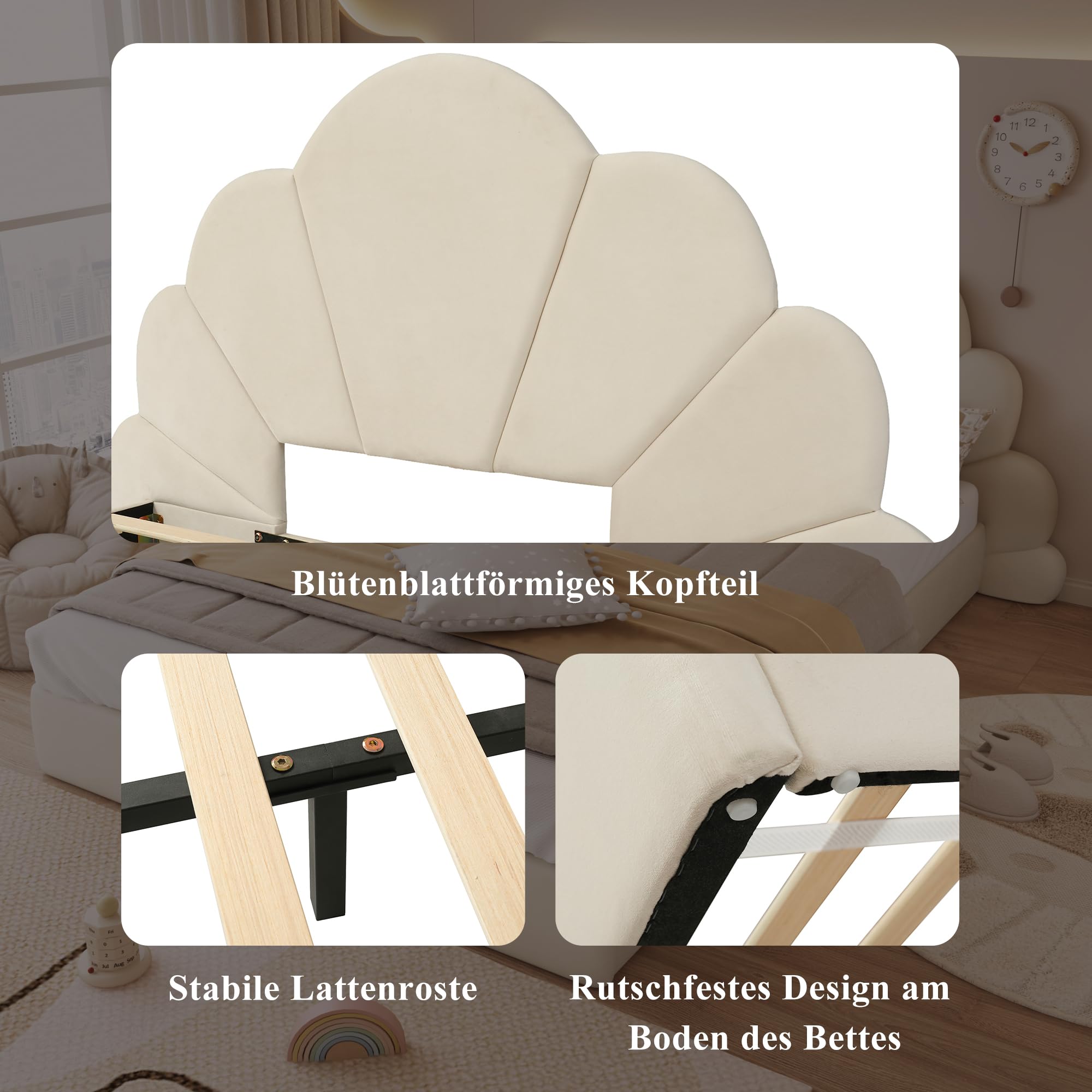 Letto Imbottito 140x200 Letto Matrimoniale Testiera Curva A Forma di Petali Testiera Imbottita Giroletto Imbottito Rivestimento in Velluto Base Antiscivolo Supporto A Doghe Camera Beige