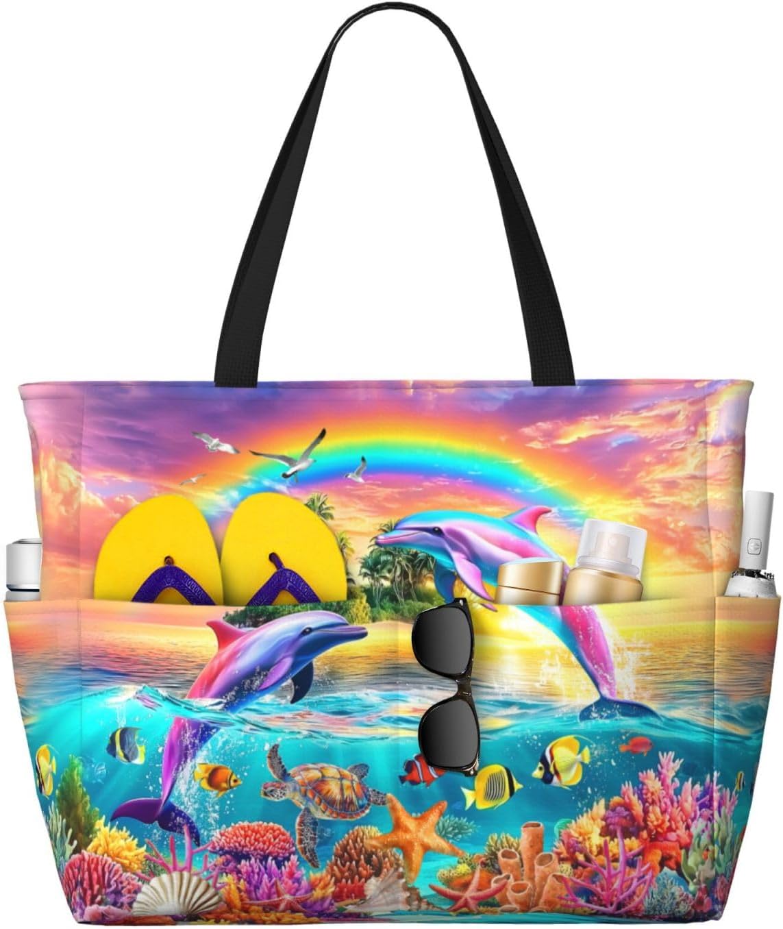Funny Large Beach Bag For Women Waterproof Sandproof Zipper Beach Tote Bag For Pool Gym Travel with Wet Pocket