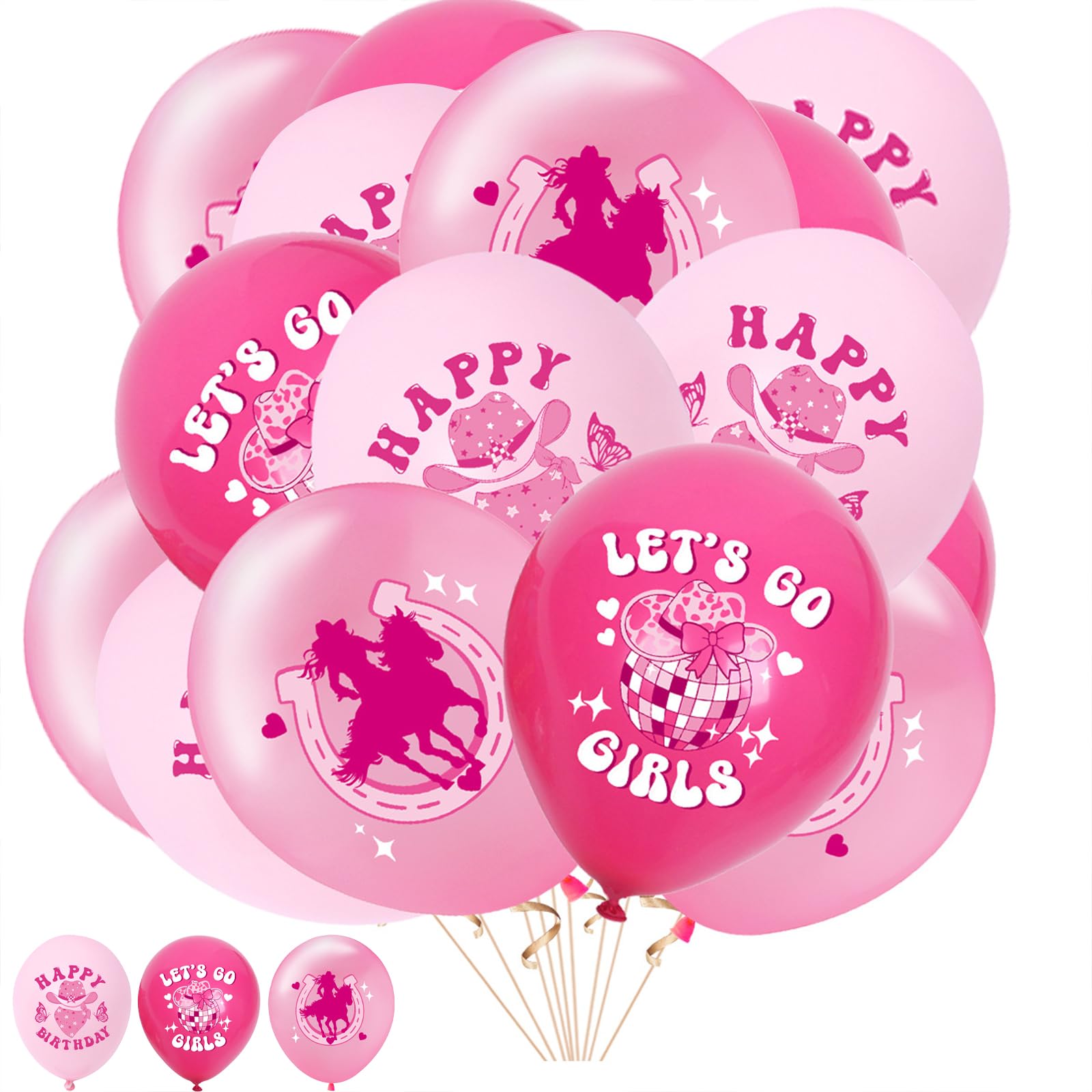 Cowgirl Themed Birthday Balloons - 15 Pack Latex Balloons for Party Decorations with Ribbons, Quick Inflation & Long Lasting - Pink Balloon Set for Adults